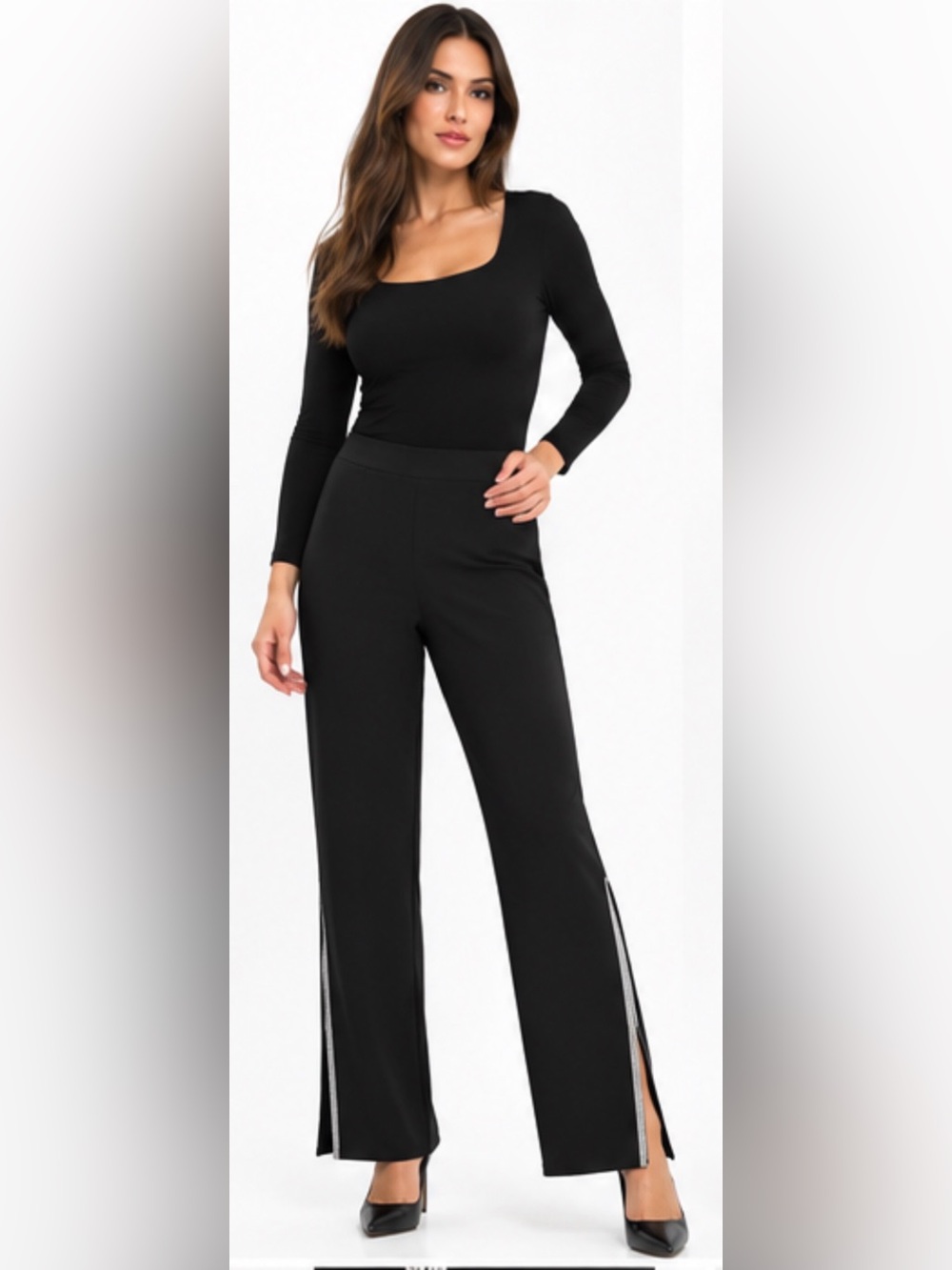 NWT Frank Lyman Black Rhinestone Side Slit Pants Size 16